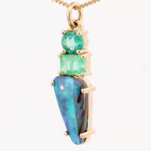 Yellow Gold Blue Green Purple Solid Australian Boulder Opal and Emerald Pendant Necklace