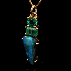 Yellow Gold Blue Green Purple Solid Australian Boulder Opal and Emerald Pendant Necklace