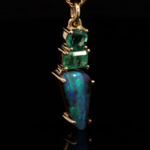 Yellow Gold Blue Green Purple Solid Australian Boulder Opal and Emerald Pendant Necklace