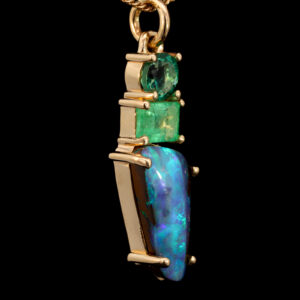 Yellow Gold Blue Green Purple Solid Australian Boulder Opal and Emerald Pendant Necklace