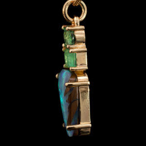 Yellow Gold Blue Green Purple Solid Australian Boulder Opal and Emerald Pendant Necklace