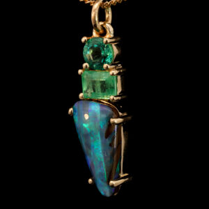 Yellow Gold Blue Green Purple Solid Australian Boulder Opal and Emerald Pendant Necklace