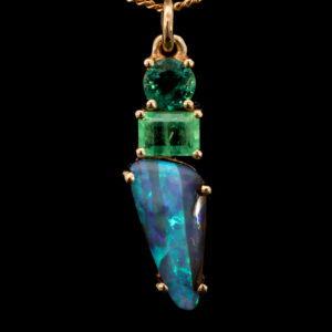 Yellow Gold Blue Green Purple Solid Australian Boulder Opal and Emerald Pendant Necklace