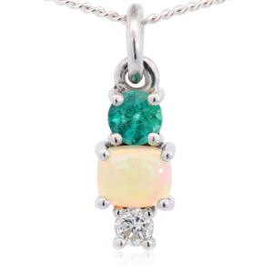White Gold Blue Green Solid Australian Crystal Opal Emerald and Diamond Pendant Necklace