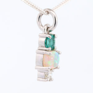 White Gold Blue Green Solid Australian Crystal Opal Emerald and Diamond Pendant Necklace