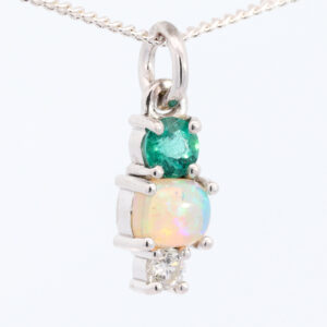 White Gold Blue Green Solid Australian Crystal Opal Emerald and Diamond Pendant Necklace