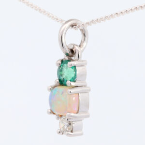 White Gold Blue Green Solid Australian Crystal Opal Emerald and Diamond Pendant Necklace