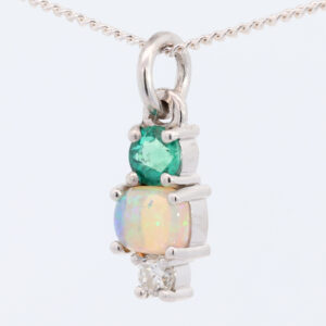 White Gold Blue Green Solid Australian Crystal Opal Emerald and Diamond Pendant Necklace