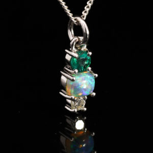 White Gold Blue Green Solid Australian Crystal Opal Emerald and Diamond Pendant Necklace