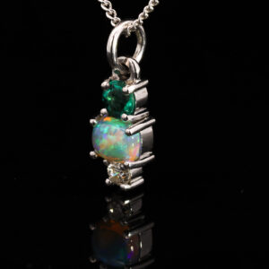 White Gold Blue Green Solid Australian Crystal Opal Emerald and Diamond Pendant Necklace