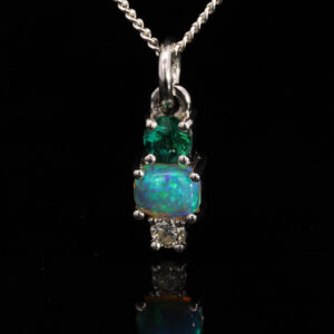 White Gold Blue Green Solid Australian Crystal Opal Emerald and Diamond Pendant Necklace