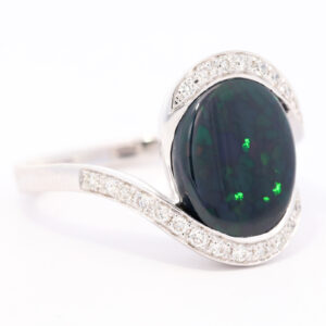 White Gold Blue Green Orange Solid Australian Black Opal and Diamond Engagement Ring