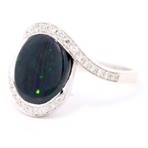 White Gold Blue Green Orange Solid Australian Black Opal and Diamond Engagement Ring