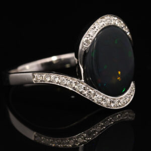 White Gold Blue Green Orange Solid Australian Black Opal and Diamond Engagement Ring