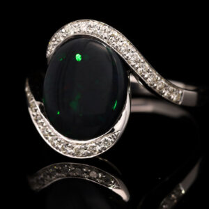 White Gold Blue Green Orange Solid Australian Black Opal and Diamond Engagement Ring