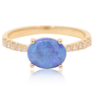 Yellow Gold Blue Green Black Opal and Diamond Ring