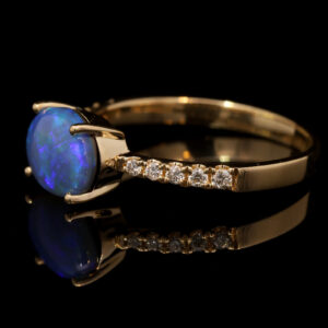 Yellow Gold Blue Green Solid Australian Black Opal and Diamond Engagement Ring