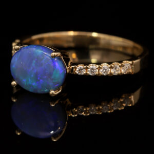 Yellow Gold Blue Green Solid Australian Black Opal and Diamond Engagement Ring