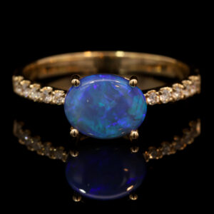 Yellow Gold Blue Green Solid Australian Black Opal and Diamond Engagement Ring