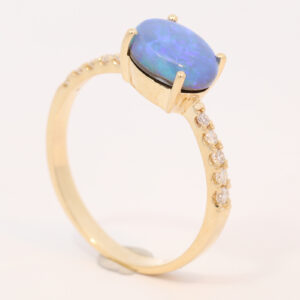 Yellow Gold Blue Green Solid Australian Black Opal and Diamond Engagement Ring