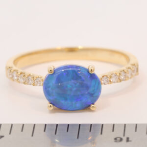 Yellow Gold Blue Green Solid Australian Black Opal and Diamond Engagement Ring