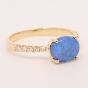 Yellow Gold Blue Green Solid Australian Black Opal and Diamond Engagement Ring