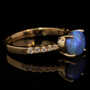 Yellow Gold Blue Green Solid Australian Black Opal and Diamond Engagement Ring