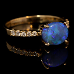 Yellow Gold Blue Green Solid Australian Black Opal and Diamond Engagement Ring