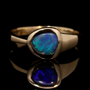 Yellow Gold Blue Green Solid Australian Boulder Opal Engagement Ring