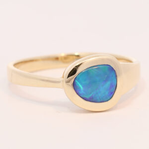 Yellow Gold Blue Green Solid Australian Boulder Opal Engagement Ring