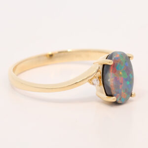 Yellow Gold Blue Green Yellow Orange Red Semi Solid Australian Black Opal and Diamond Engagement Ring