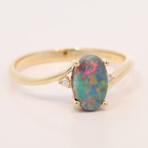 Yellow Gold Blue Green Yellow Orange Red Semi Solid Australian Black Opal and Diamond Engagement Ring