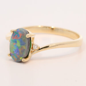 Yellow Gold Blue Green Yellow Orange Red Semi Solid Australian Black Opal and Diamond Engagement Ring