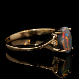 Yellow Gold Blue Green Yellow Orange Red Semi Solid Australian Black Opal and Diamond Engagement Ring