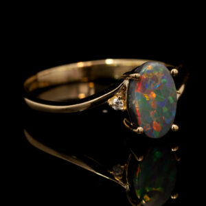 Yellow Gold Blue Green Yellow Orange Red Semi Solid Australian Black Opal and Diamond Engagement Ring