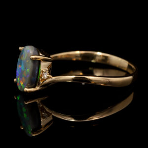 Yellow Gold Blue Green Yellow Orange Red Semi Solid Australian Black Opal and Diamond Engagement Ring