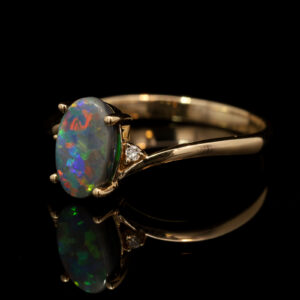 Yellow Gold Blue Green Yellow Orange Red Semi Solid Australian Black Opal and Diamond Engagement Ring