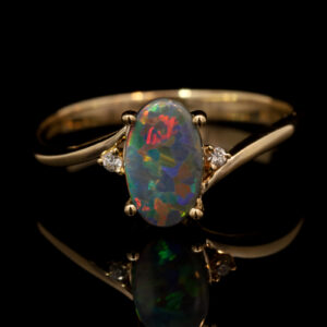 Yellow Gold Blue Green Yellow Orange Red Semi Solid Australian Black Opal and Diamond Engagement Ring