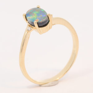 Yellow Gold Blue Green Yellow Orange Red Semi Solid Australian Black Opal and Diamond Engagement Ring