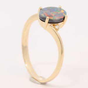 Yellow Gold Blue Green Yellow Orange Red Semi Solid Australian Black Opal and Diamond Engagement Ring