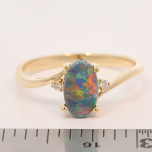 Yellow Gold Blue Green Yellow Orange Red Semi Solid Australian Black Opal and Diamond Engagement Ring