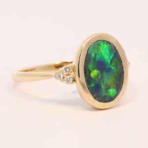 Yellow Gold Blue Green Yellow Purple Solid Australian Black Opal and Diamond Engagement Ring