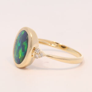 Yellow Gold Blue Green Yellow Purple Solid Australian Black Opal and Diamond Engagement Ring