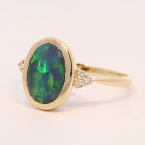 Yellow Gold Blue Green Yellow Purple Solid Australian Black Opal and Diamond Engagement Ring