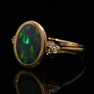 Yellow Gold Blue Green Yellow Purple Solid Australian Black Opal and Diamond Engagement Ring