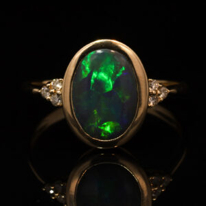 Yellow Gold Blue Green Yellow Purple Solid Australian Black Opal and Diamond Engagement Ring