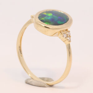 Yellow Gold Blue Green Yellow Purple Solid Australian Black Opal and Diamond Engagement Ring