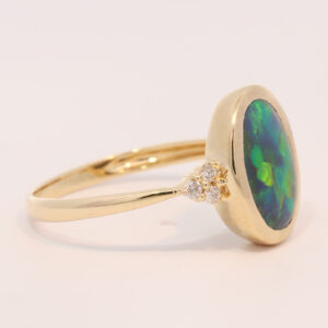 Yellow Gold Blue Green Yellow Purple Solid Australian Black Opal and Diamond Engagement Ring