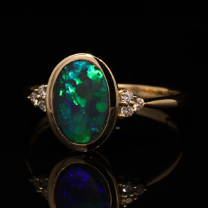 Yellow Gold Blue Green Solid Australian Black Opal and Diamond Engagement Ring