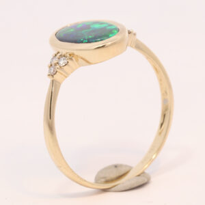 Yellow Gold Blue Green Solid Australian Black Opal and Diamond Engagement Ring